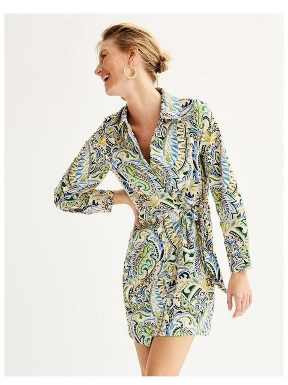 NWT Intempo Paisley Wrap Shirt Dress Women's Long Sleeve Mini Tie Waist